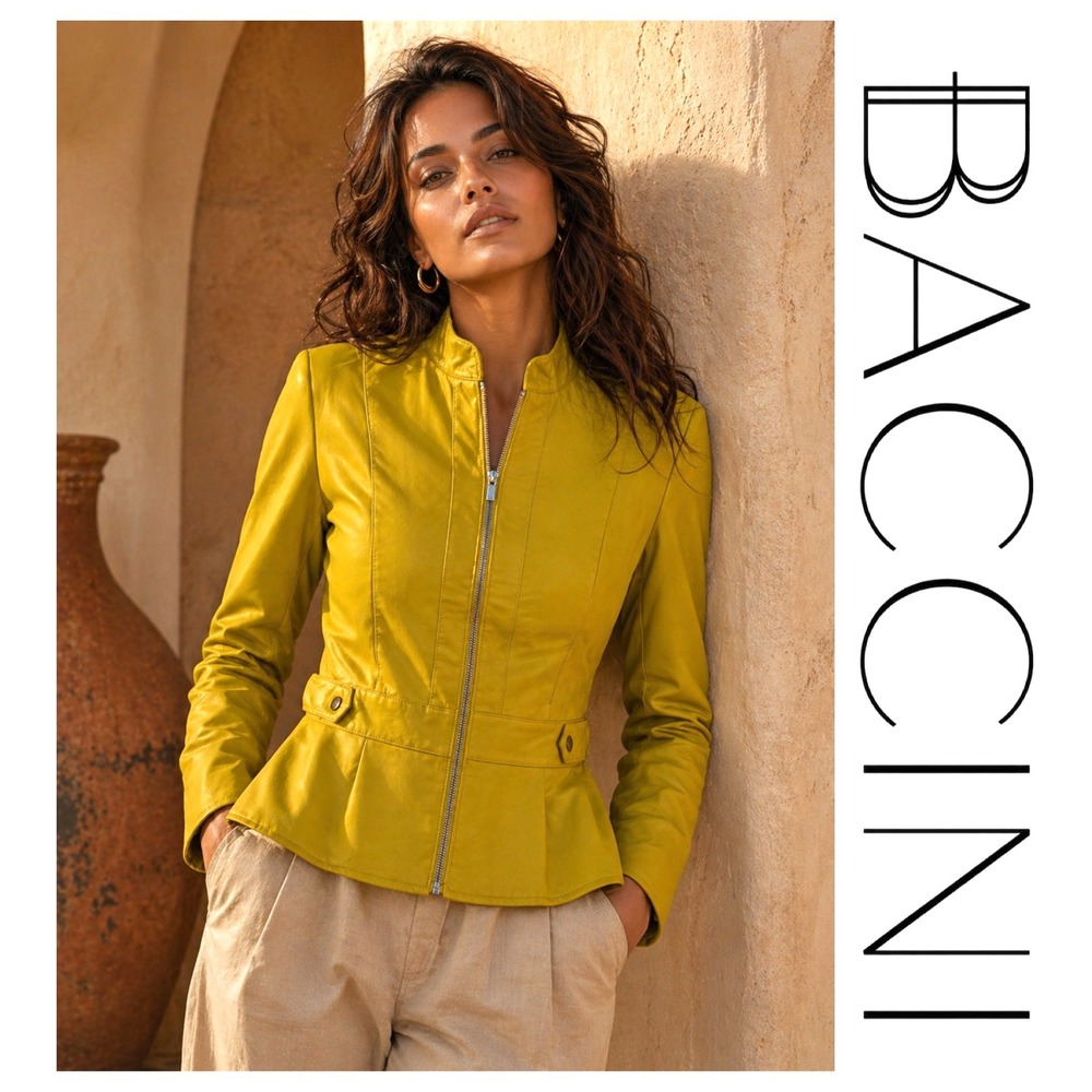 Baccini Mustard Yellow Faux Leather Zip Up Peplum Blazer Jacket Plus Size 2X